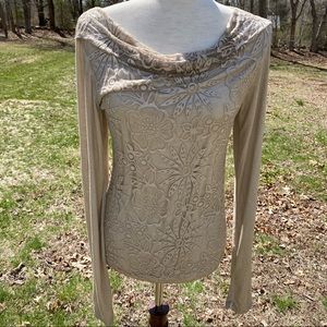 SCANDAL TOP TEE TAN LONG TAB SLEEVE DRAPE NECK Size S